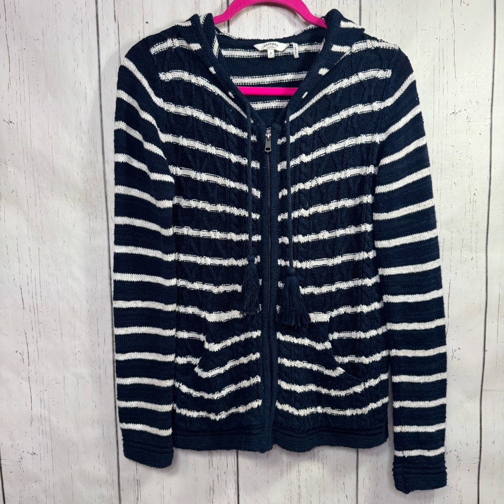 FatFace Striped Knit Hoodie Cardigan Navy White Size 8 Preppy Coastal Grandma - Picture 12 of 15